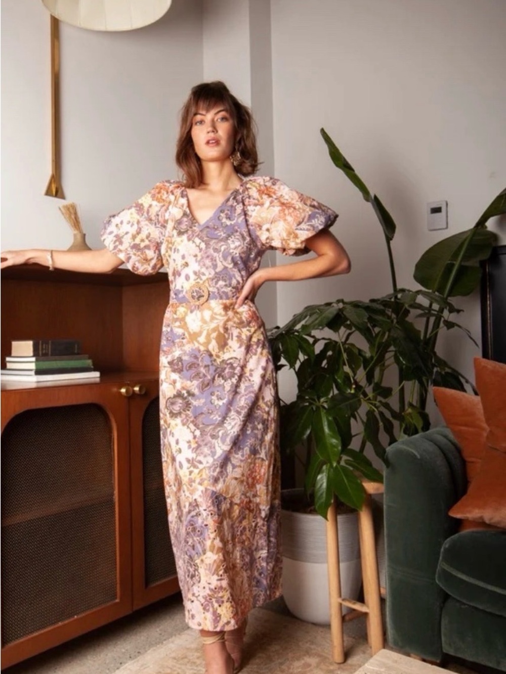 Puff-Sleeve Maxi Dress in Lavender and Cream Floral